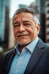 An older gentleman is standing confidently with his arms crossed, dressed in a formal suit and tie. His expression conveys wisdom and experience. The background suggests an urban setting.