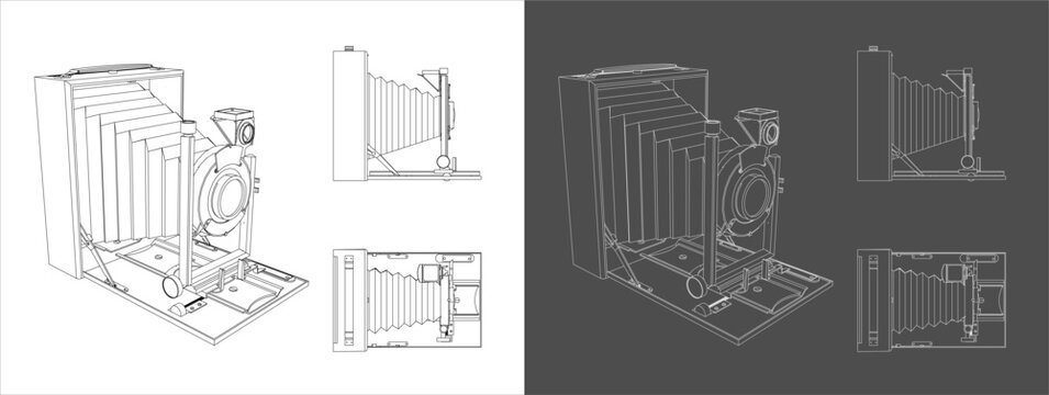 Vintage Large Format Camera Technical Blueprint Line Drawing