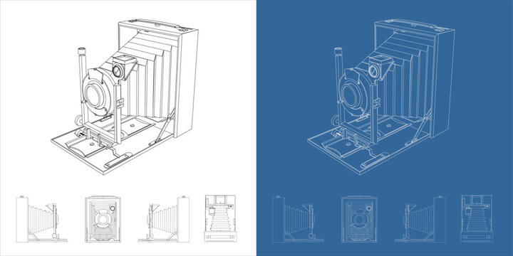 Detailed Vintage large format Camera Line Art Technical Drawing Illustration