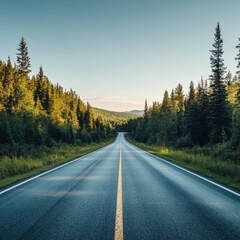 Fototapeta premium Straight road leading into a dense forest under a clear sky with mountains in the distance during early morning light. Generative AI