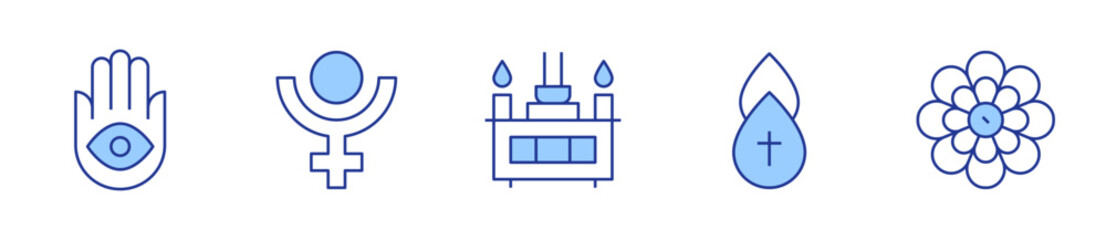 hamsa, holy water, mandala, spiritual, worship. Spirituality Icon vector illustration. Line Duotone style. Editable stroke