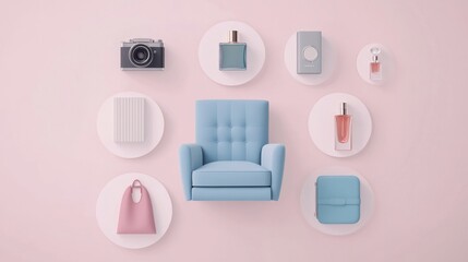 lifestyle product icons on white circles, floating arrangement against soft pink background, digital tablet, blue armchair, dress, camera, perfume bottle, makeup palette, book, 3d minimal vector art,