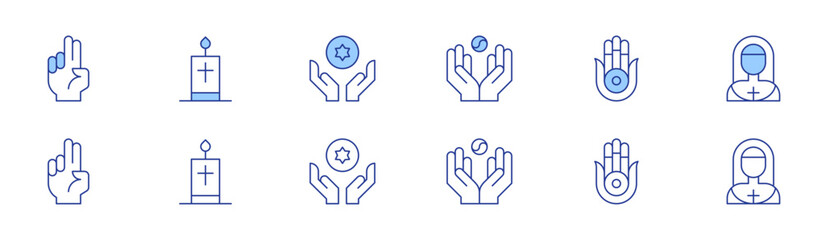 Spirituality icon set in two styles, Duotone and Thin Line style. Editable stroke. blessing, candle, energy, faith, hamsa, nun