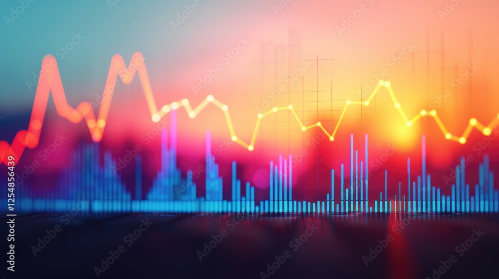 Poster a vibrant digital graph displays fluctuating data trends against a colorful sunset backdrop, symboli