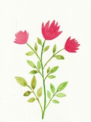 Plant with three red flowers. Watercolor drawing of a flowering plant.