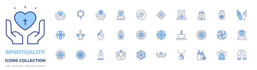 Spirituality icons collection. Line Duotone style, editable stroke. angel, blessing, candle, candles, energy, hamsa, mandala, oil lamp, spiritual, swastika, yin yang