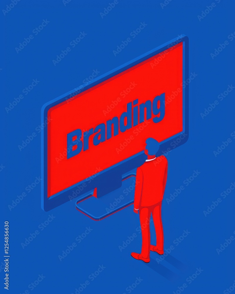 Poster a person in a red suit observes a large screen displaying the word 