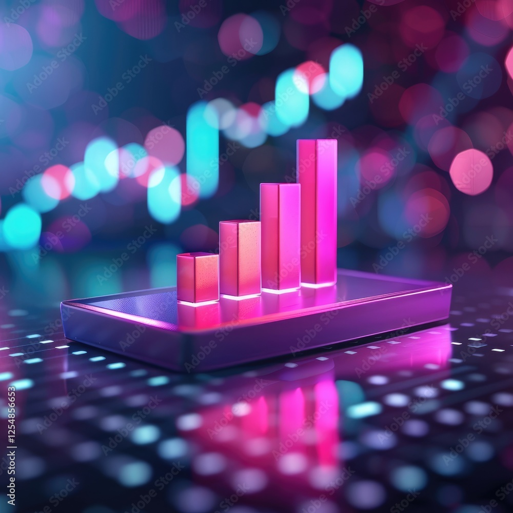 Poster a vibrant bar graph with neon colors against a blurred background, showcasing data trends in a visua