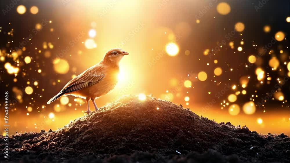 Aufkleber a small bird perched on a mound of dirt, illuminated by a glowing background with soft bokeh effects