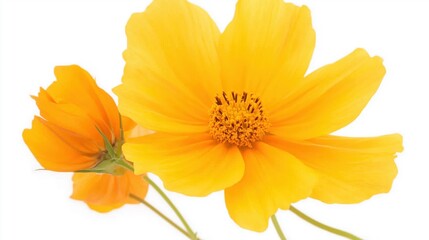 Cheerful Yellow Cosmos Flowers Blooming Brightly Against White Background Evoking Joy and Freshness