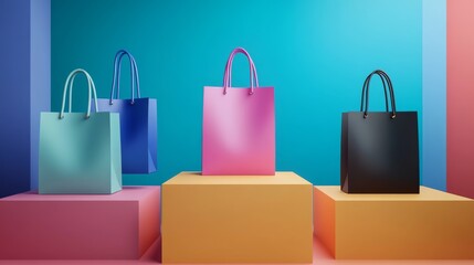 Luxury retail bags display, vivid color combination, pristine paper material, contrasting handle design, floating composition, subtle drop shadows, high-end 3D modeling, commercial product showcase