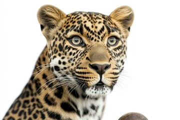 Fototapeta premium This image showcases a close-up photograph of a majestic leopard with striking eyes and detailed fur texture. The leopard is positioned against a plain background, which accentuates its vibrant
