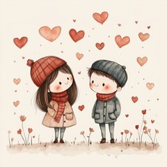 Couple wearing winter clothes exchanging loving glances under falling hearts for valentine's day