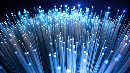Dense cluster of fiber optic cables with bright white light spots scattered across a dark background, technology background, fibre optic network