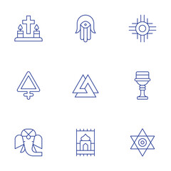 Spirituality icons set. Thin Line style, editable stroke. faith, ganesha, goblet, hamsa, mat, native, star, sulfur, valknut