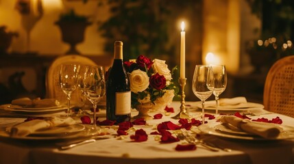 A dining table dressed with fine linens, flowers, and rose petals, creating a warm and inviting atmosphere