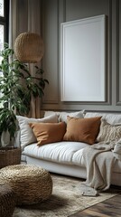 Obraz premium A modern, functional living space in a small Nordic apartment with a blank white frame on the wall.