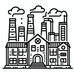 Fototapeta premium Minimalist Factory Icon Illustration in Black Outline: A Simple and Modern Symbol Representing Industrial Production, Manufacturing, Business, and Economic Growth on a White Background.