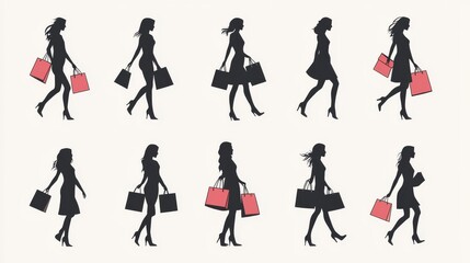 Fototapeta premium modern shopping pictogram collection, stylish woman silhouettes, multiple walking poses, retail bags set, fashion figure illustrations, monochrome icon series, simple graphic design