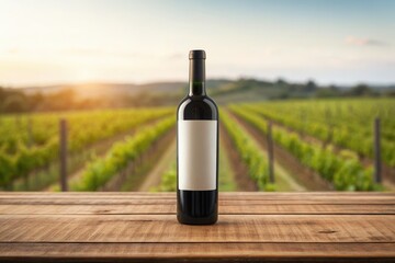 Fototapeta premium Bottle of wine mockup with blurred vineyard background, Blank label on wine bottle with winery farm in the morning