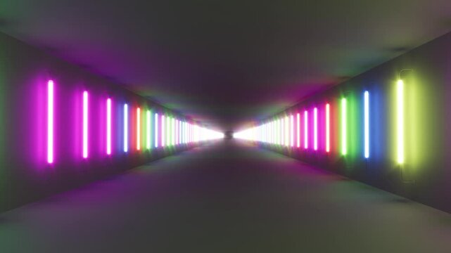 Color led lights inside long dark corridor 4k