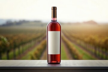 Fototapeta premium Bottle of wine mockup with blurred vineyard background, Blank label on wine bottle with winery farm in the morning