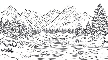 Mountain river landscape, scenic view, forest, nature, travel, illustration