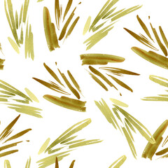 Green dynamic lines watercolor seamless pattern isolated on white. Artistic brushstrokes by olive tones as palm leaves hand drawn. Brush strokes and textured khaki tones on repeated background.