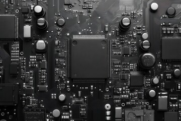 Fototapeta premium Close-up of a black and white circuit board, showcasing intricate electronic components. Illustrates technology, electronics, and the complexity of modern hardware.