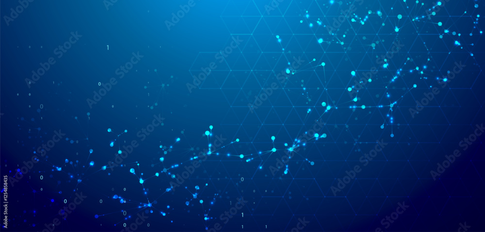 Poster abstract molecules design. digital molecular structure in the flow of big data. biotechnology concep