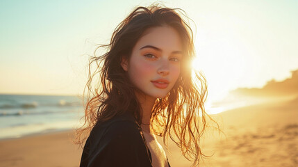 Fototapeta premium A girl posing on the beach standing, smirk on her face, bright equal lighting 