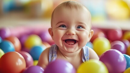 Fototapeta premium A cheerful baby laughing while playing in a colorful ball pit, enjoying playful fun