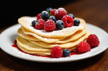 Delicious pancakes with berries on plate on the table for breakfast