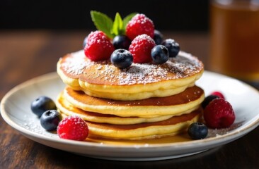 Delicious pancakes with berries on plate on the table for breakfast