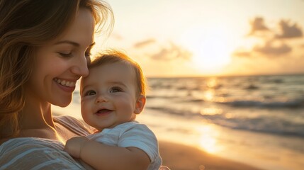 Loving mother holding smiling baby close at golden hour on beach, capturing the essence of maternal bond and family connection in nature