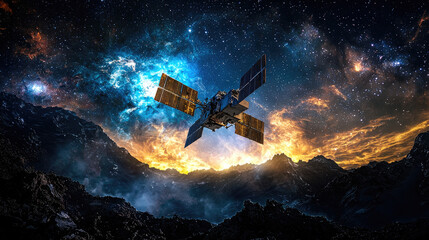 Obraz premium A futuristic satellite or spacecraft orbits a vibrant cosmic landscape with mountains below