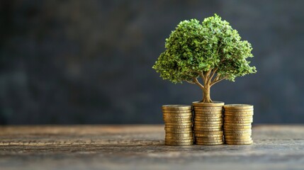 Financial Growth: A Tree of Prosperity on Stacks of Gold Coins