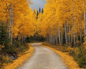 Obraz premium Winding road through autumnal golden aspen trees.