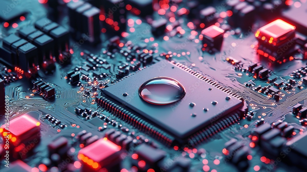Poster close-up view of a computer circuit board with microchip, red leds, and a water droplet reflecting l