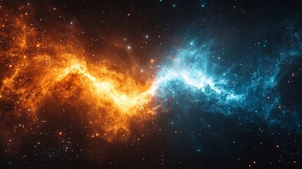 Explosive Cosmic Collision Two Nebulae Merge in Vibrant Hues of Red and Blue