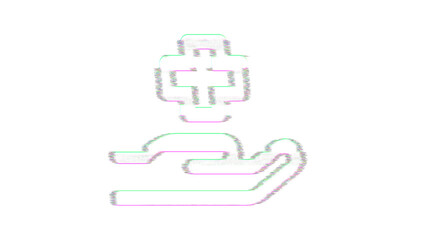 Icon hand holding medical is distorted. Glitch. Noise, chromatic aberration, geometric distortion