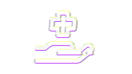 Icon hand holding medical is distorted. Glitch. Noise, chromatic aberration, geometric distortion