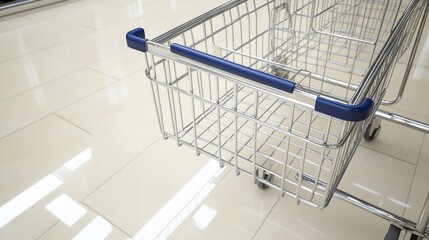 First-person view of shopping cart, chrome metal frame, geometric wire pattern, navy blue handle grips, minimalist retail aesthetic, soft beige floor tiles, documentary photography style, high-end 3D