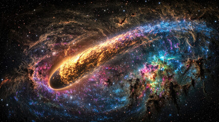 Obraz premium A vibrant cosmic scene depicting a comet streaking through a colorful nebula in space