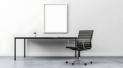 A modern minimalist workspace with a black leather chair, sleek desk, and a centered white frame.