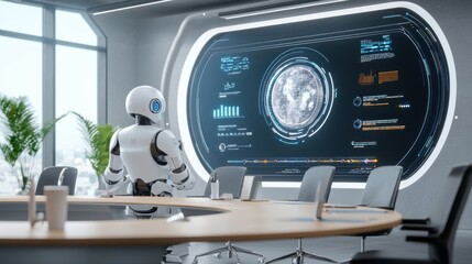 Obraz premium Futuristic Conference Room with Robot and Advanced Technology Display