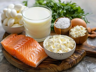 Fresh dairy and salmon nutrition for healthy meal plan balanced diet.