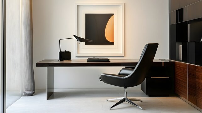 A modern minimalist workspace with a black leather chair, sleek desk, and a centered white frame.