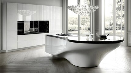 Modern Luxury Kitchen Island Design: Sleek White and Black Granite