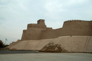 The adobe fortress walls of inner town Itchan Kala of the city Khiva, Uzbekistan, Asia